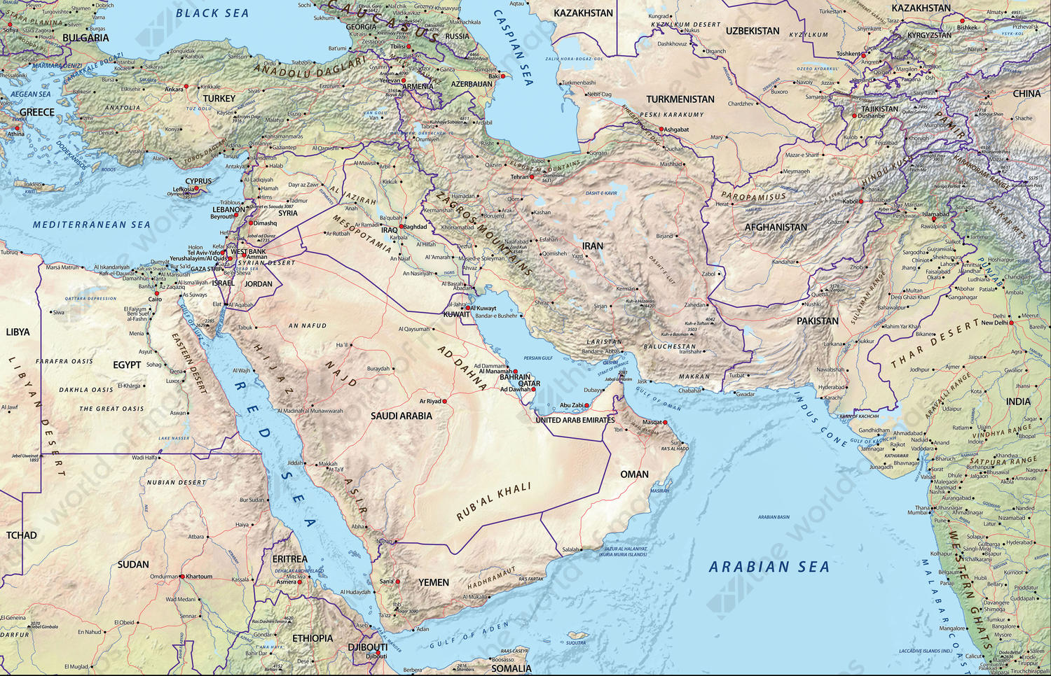 Digital Physical Map Middle East 634 | The World of Maps.com