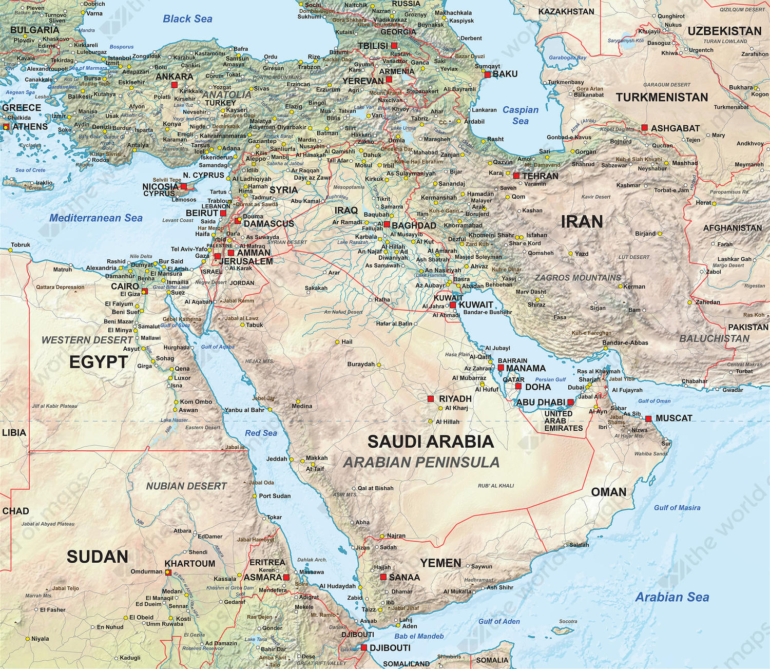Digital Map Middle East Physical 1311 | The World of Maps.com