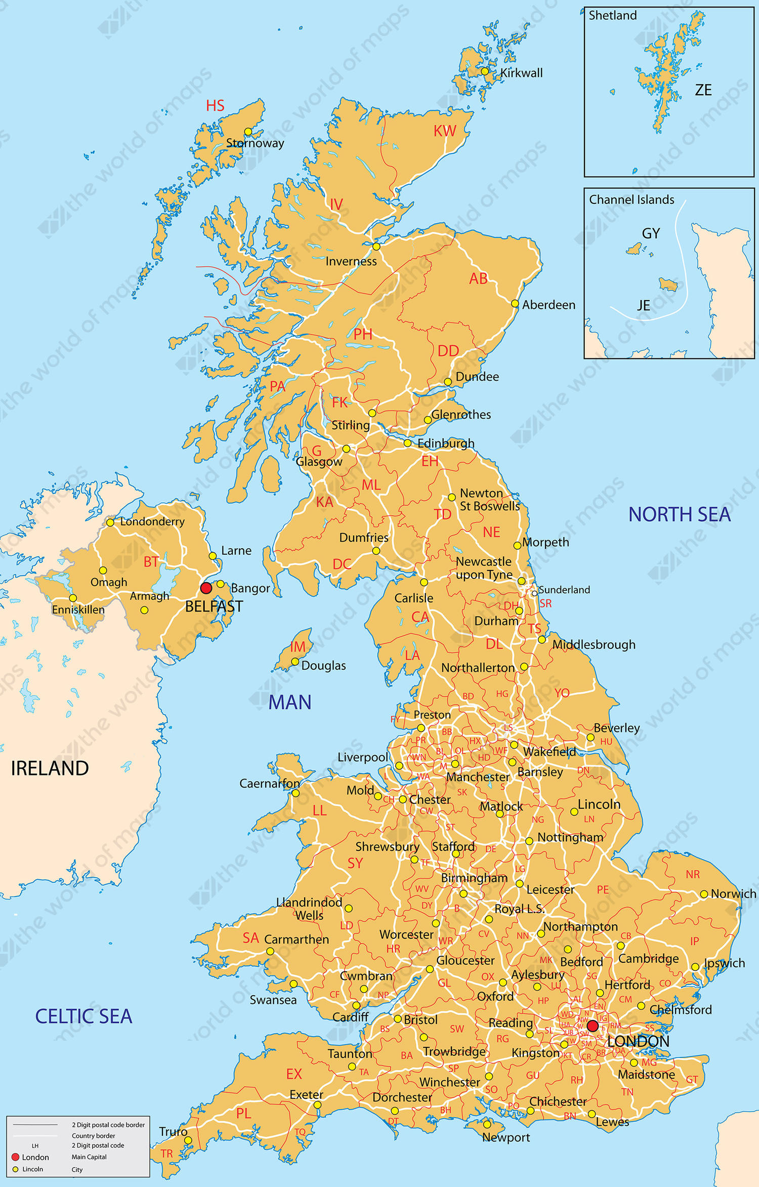 Digital postcode map United Kingdom 2-digit 212 | The World of Maps.com