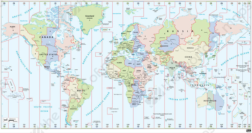 Digital Time Zone World Map in English 261 | The World of Maps.com