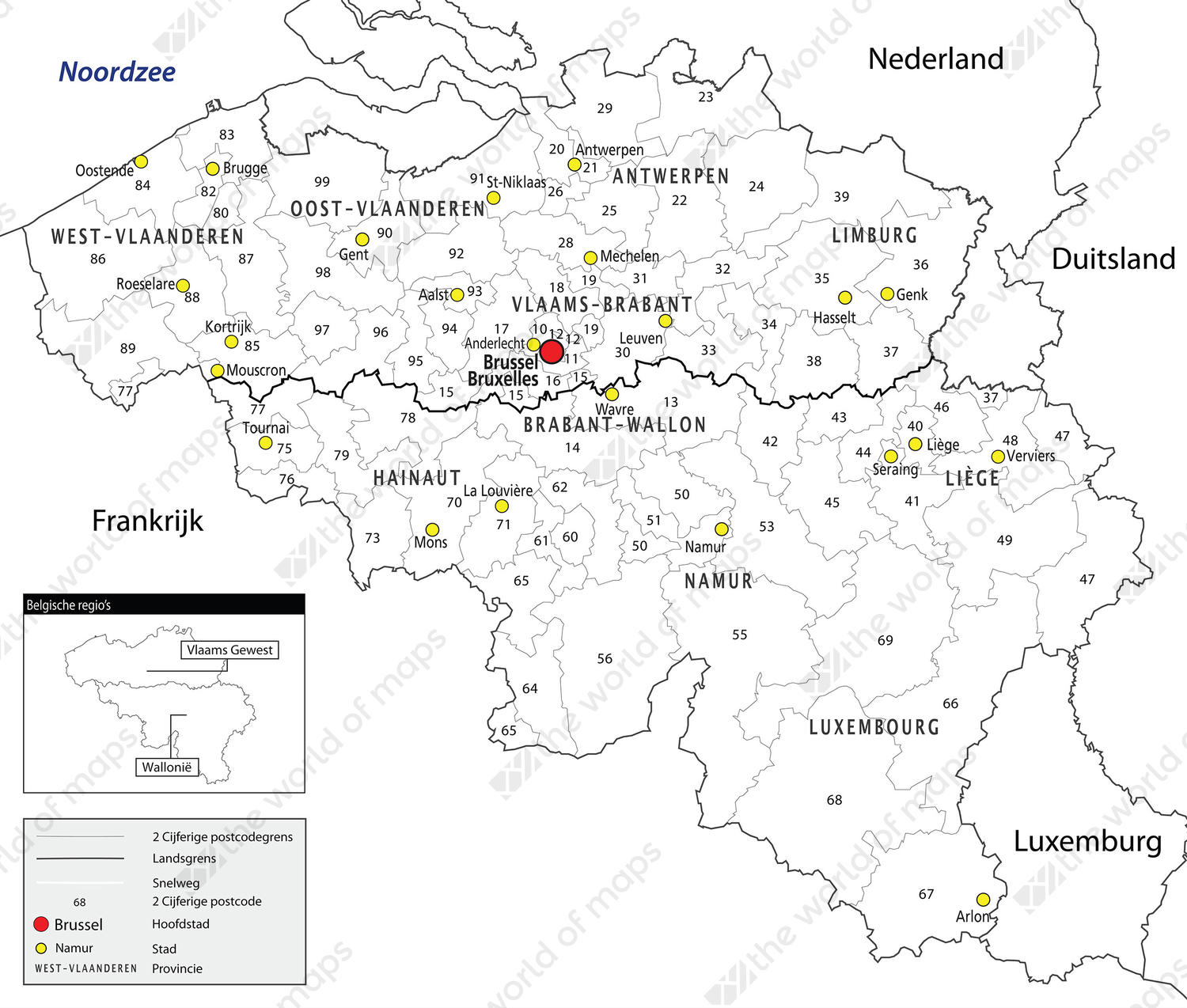Digital 2-digit ZIP code map Belgium 647 | The World of Maps.com