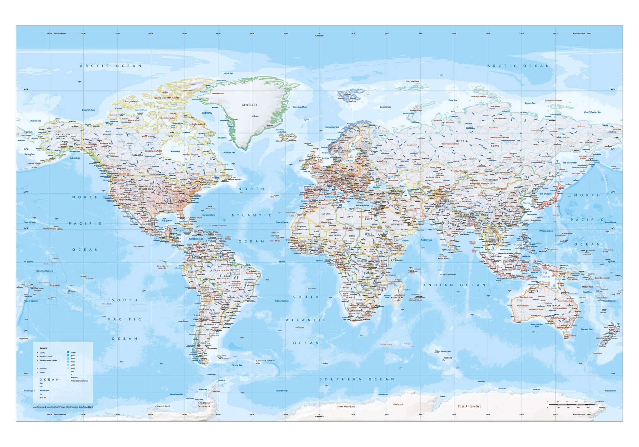 Wereldkaart staatkundig gekleurde grenzen 1754
