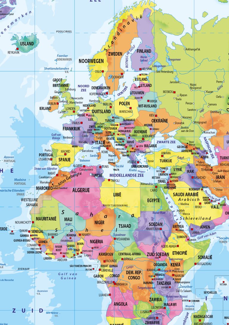wereldkaart met landen en hoofdsteden